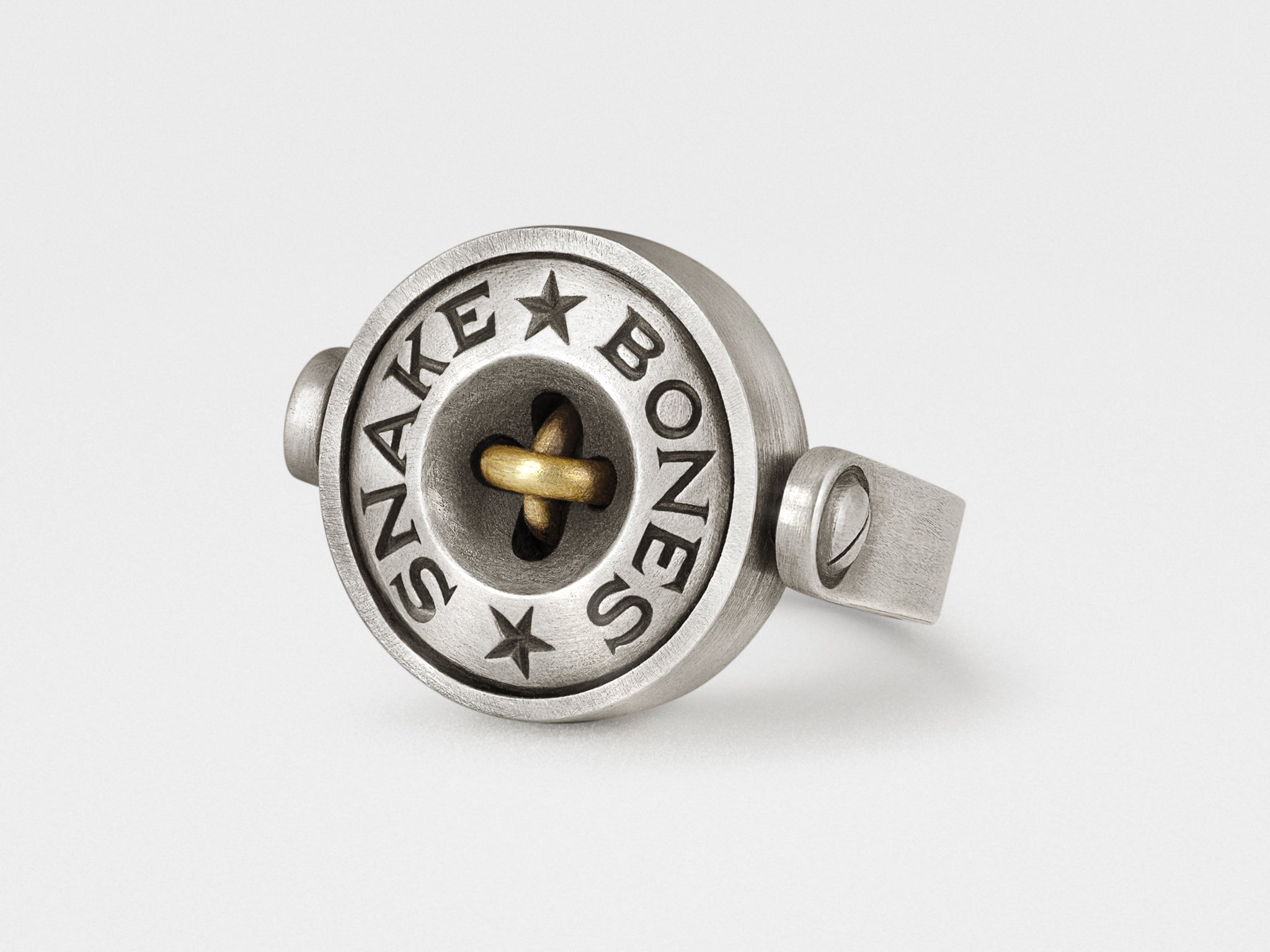 Bague bouton avec perle grise en argent et bronze